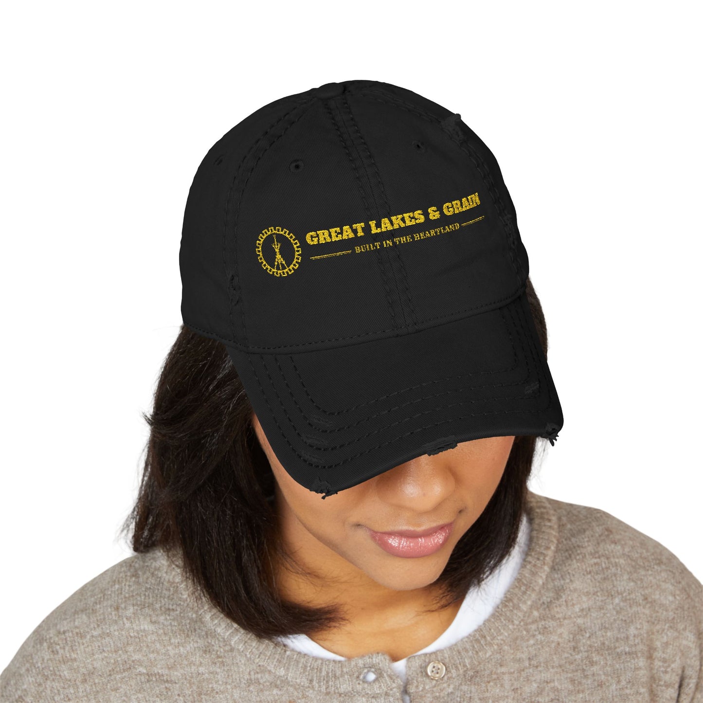 Great Lakes & Grain Distressed Dad Hat — Embroidered Heartland Logo