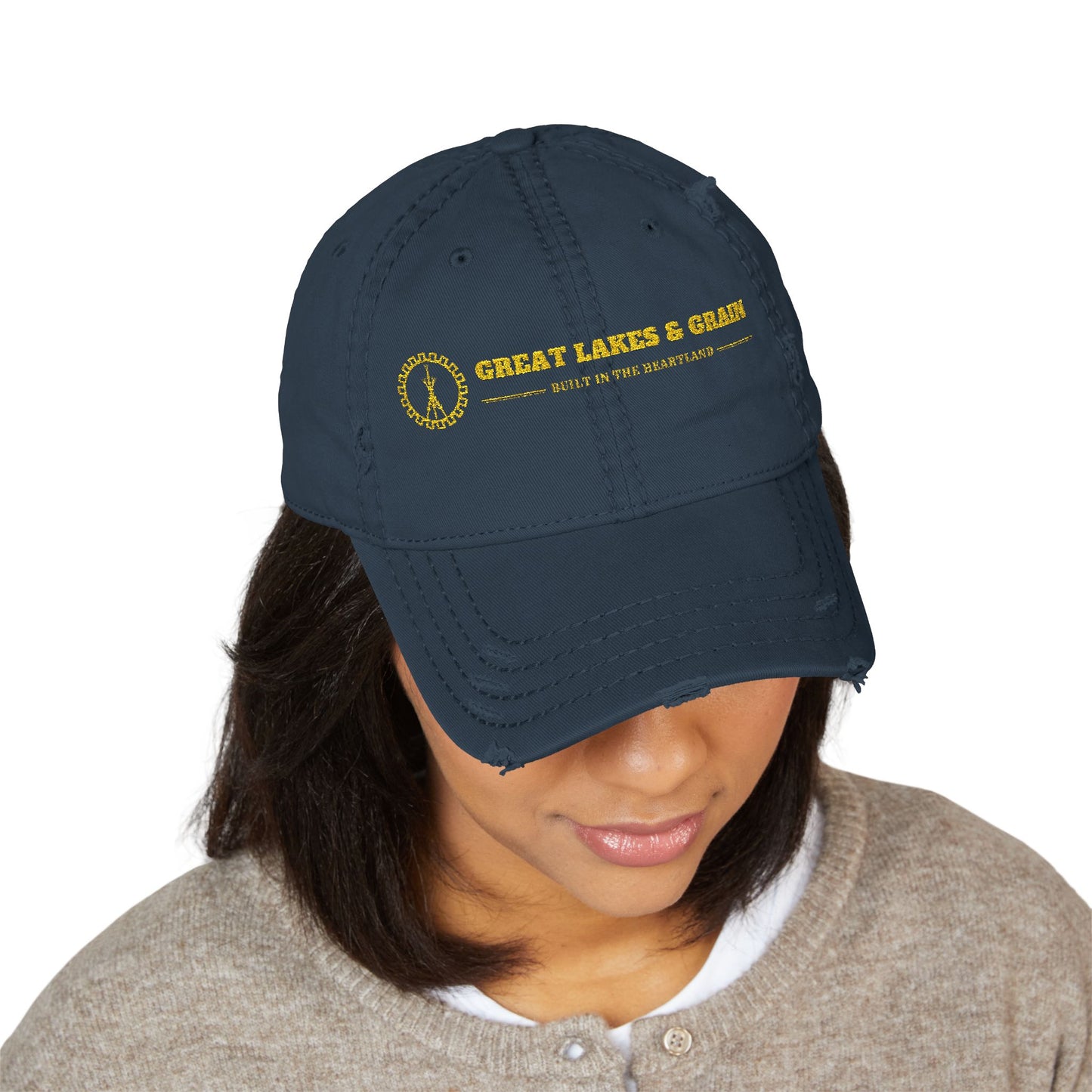 Great Lakes & Grain Distressed Dad Hat — Embroidered Heartland Logo