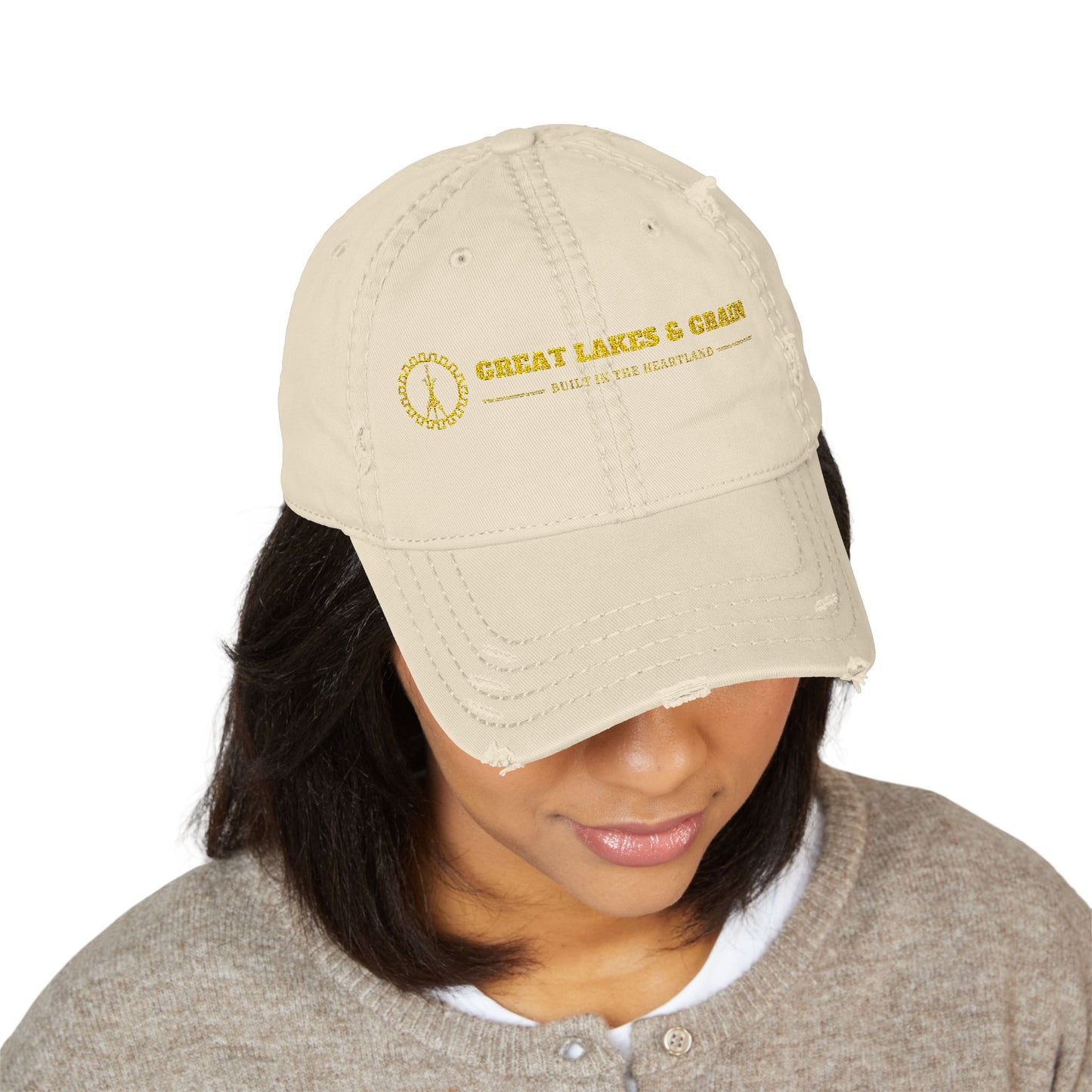 Great Lakes & Grain Distressed Dad Hat — Embroidered Heartland Logo