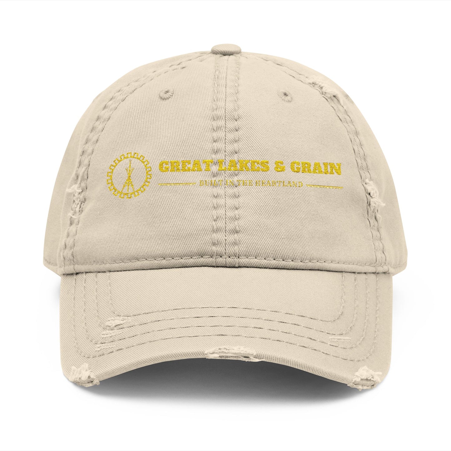 Great Lakes & Grain Distressed Dad Hat — Embroidered Heartland Logo