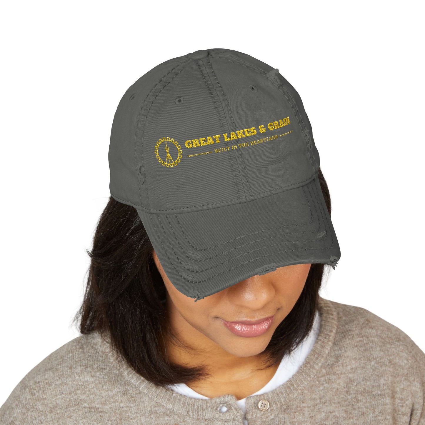 Great Lakes & Grain Distressed Dad Hat — Embroidered Heartland Logo