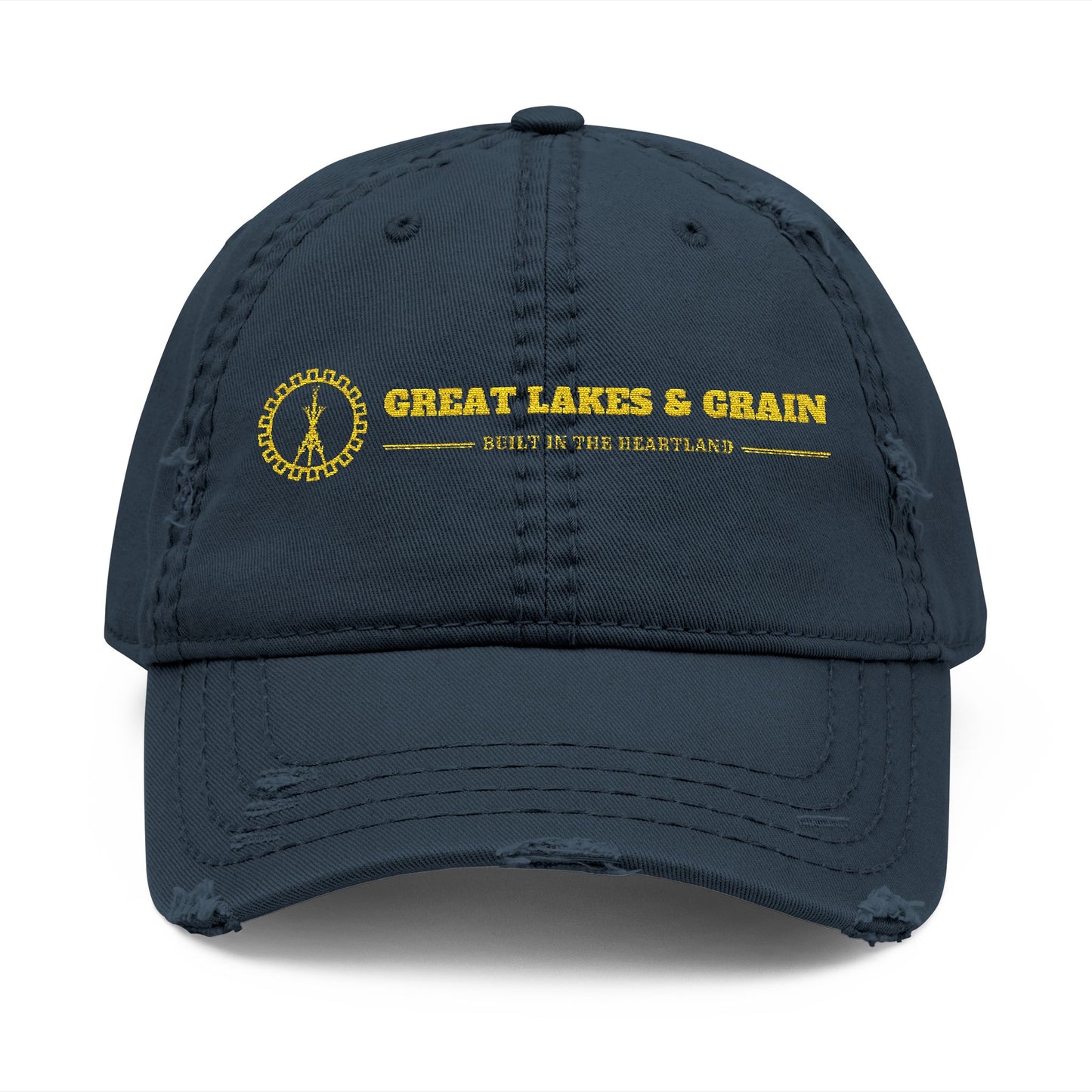 Great Lakes & Grain Distressed Dad Hat — Embroidered Heartland Logo