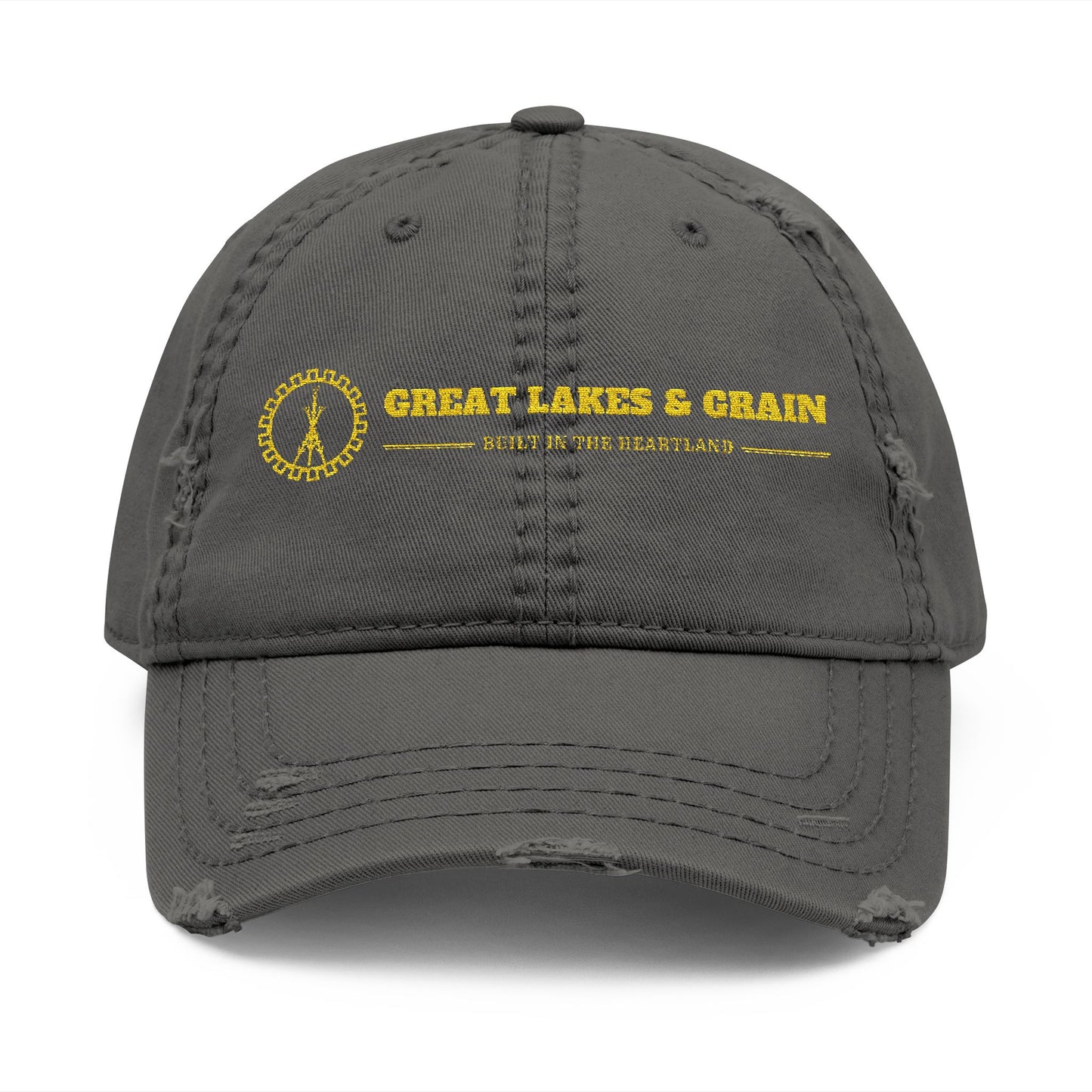 Great Lakes & Grain Distressed Dad Hat — Embroidered Heartland Logo